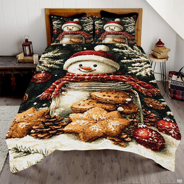 Snowman and holiday wreath winter bedding set displayed on a bed in a festive holiday bedroom
