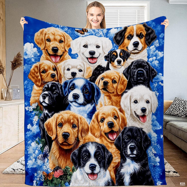Puppy collage royal blue throw blanket displaying happy pack of golden and black puppies on blue sky