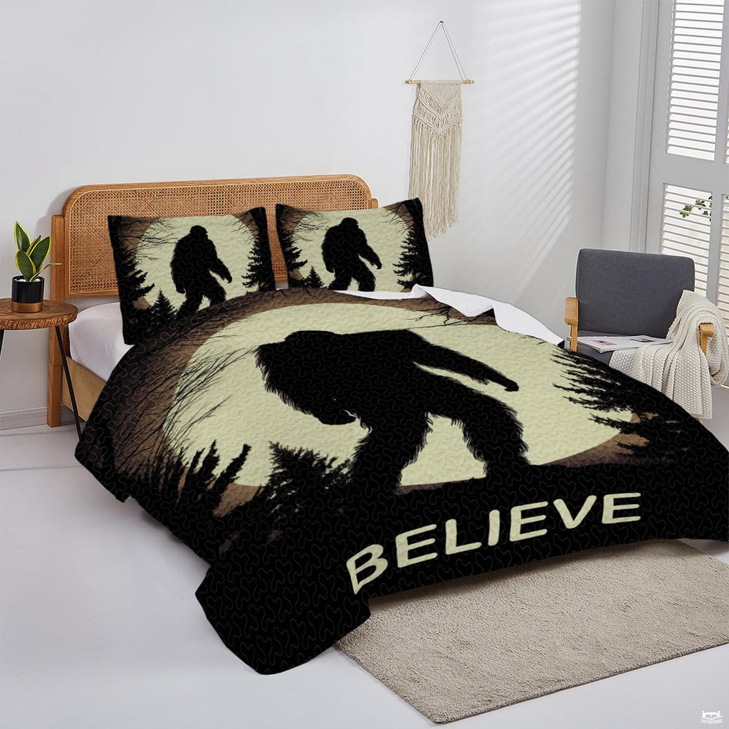 Overhead perspective of Bigfoot bedding arranged neatly across a rustic lodge mattress
