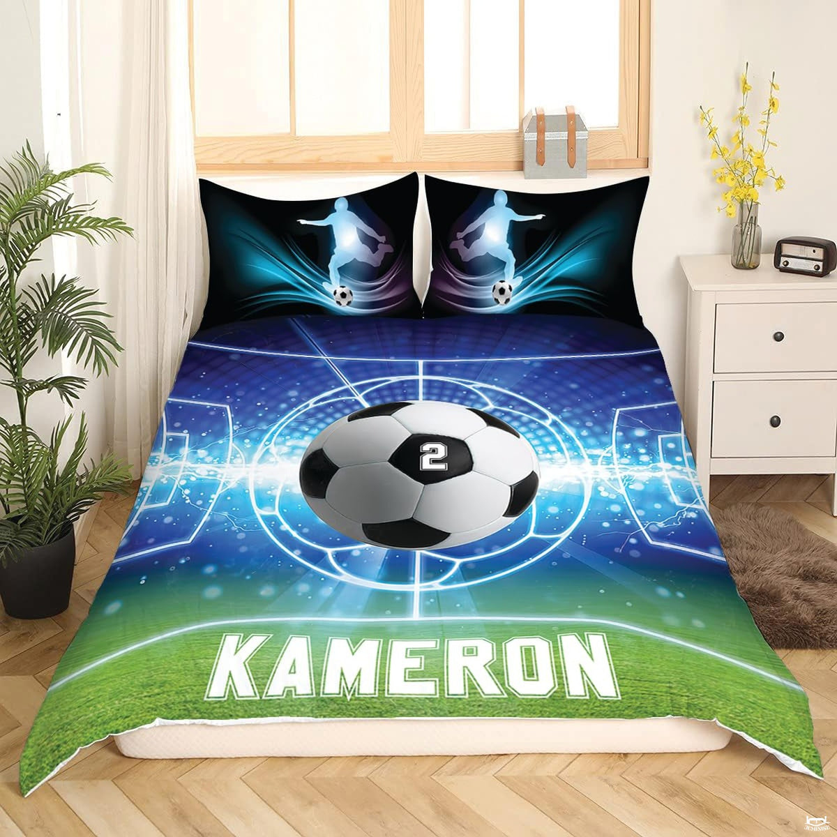 Side perspective of athletic soccer bedding creating an energetic varsity atmosphere in a modern bedroom