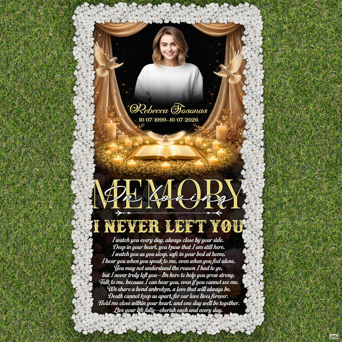 Full display of the candlelight memorial portrait tribute throw blanket showing the glowing vigil scene