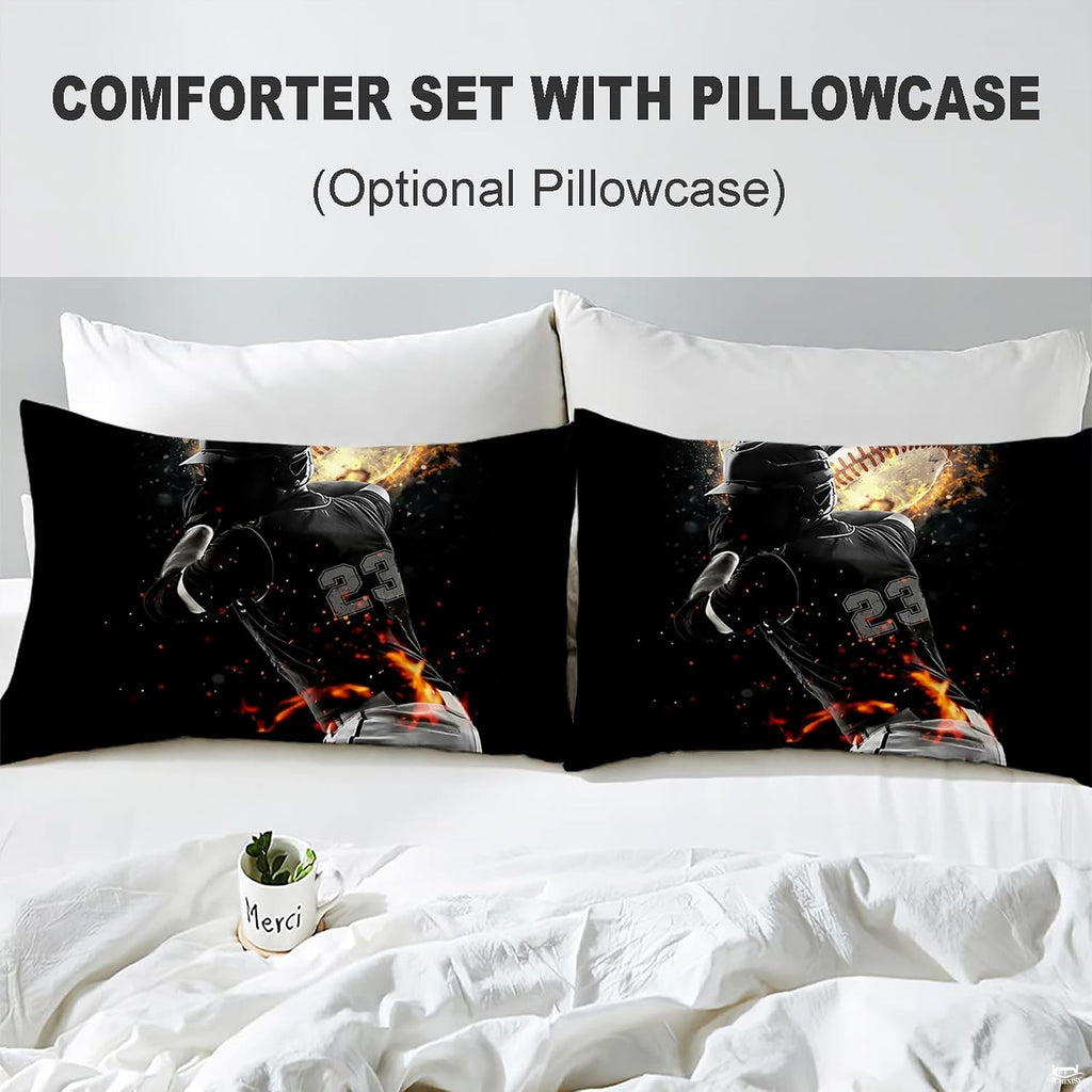 Folded presentation of sports galaxy bedding displaying crisp printing quality in cosmic black and navy tones