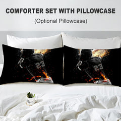 Folded presentation of sports galaxy bedding displaying crisp printing quality in cosmic black and navy tones