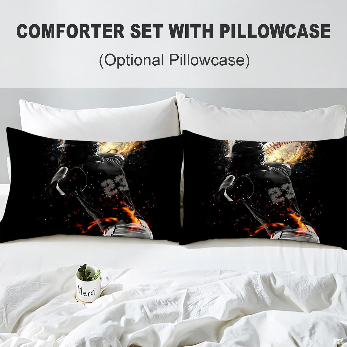 Folded presentation of sports galaxy bedding displaying crisp printing quality in cosmic black and navy tones