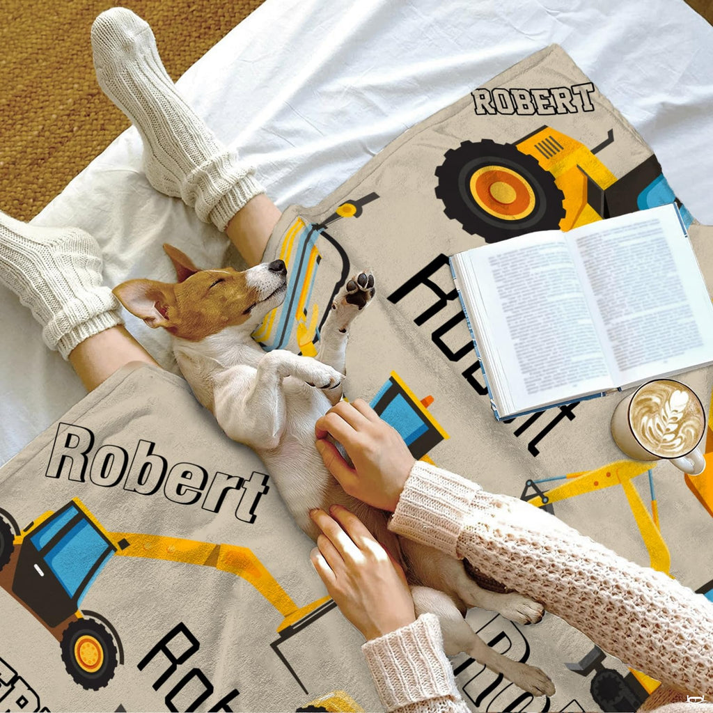 Excavator bed sheets graphic print with tire tread accents and detailed construction vehicles.