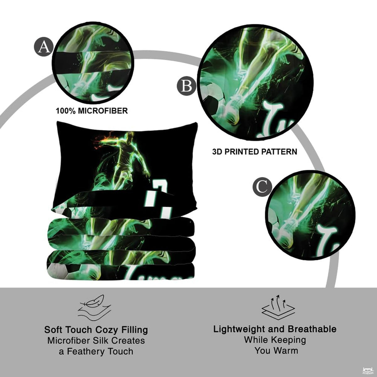 Matching pillowcase detail for athletic bedding set showcasing green soccer player artwork and jersey numbering