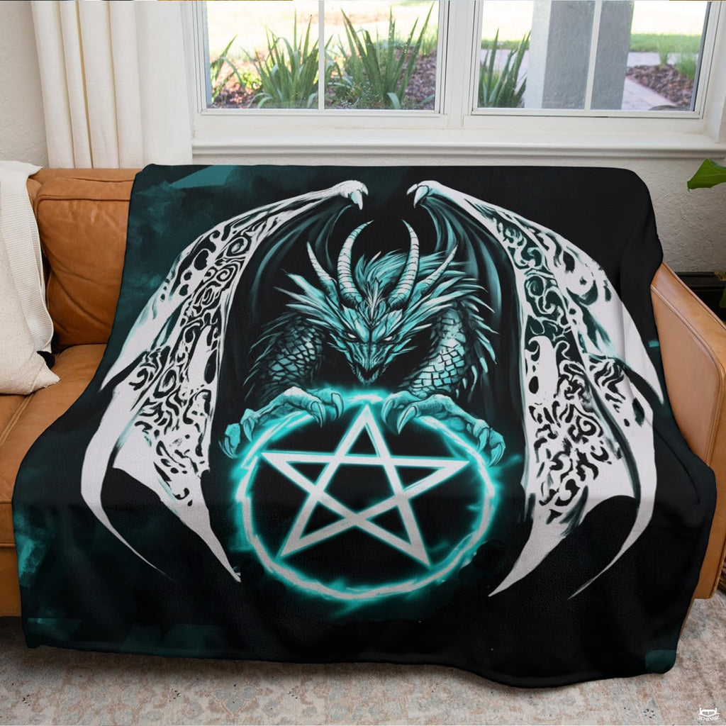 Gothic dragon pentagram throw blanket draped across a modern living room couch