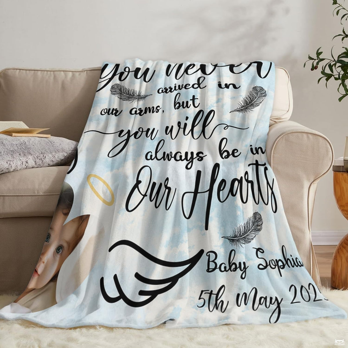 Person holding angel baby memorial illustration design blanket