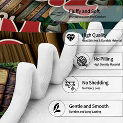 Neatly folded library ladder bookshelf throw blanket highlighting precise edge hem stitching and vibrant art print.