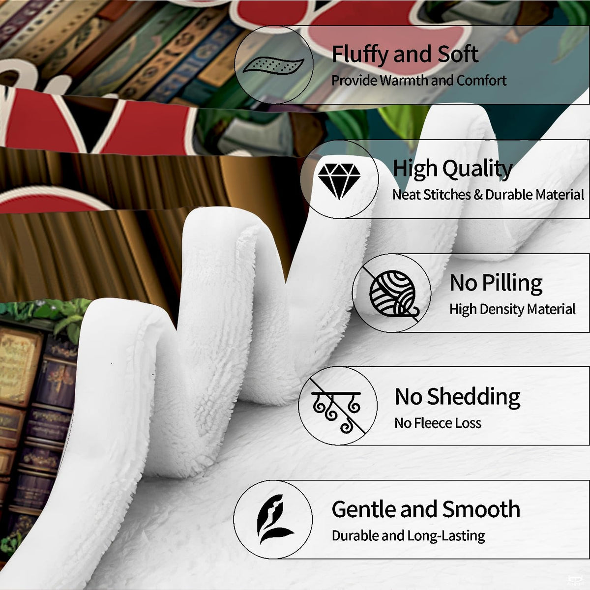 Neatly folded library ladder bookshelf throw blanket highlighting precise edge hem stitching and vibrant art print.