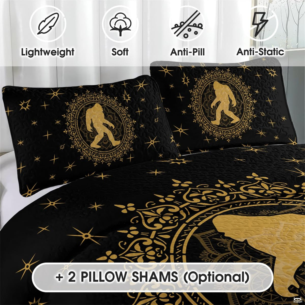 Overhead perspective of Bigfoot bedding arranged neatly across an outdoor themed bedroom mattress