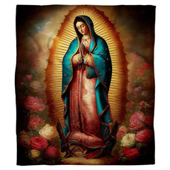 Detailed graphic portrait showing Virgin of Guadalupe in turquoise mantle with clasped hands and roses.