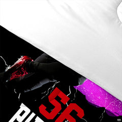 Angle view of athletic bedding illustrating platinum silver and orchid footballer graphic textures