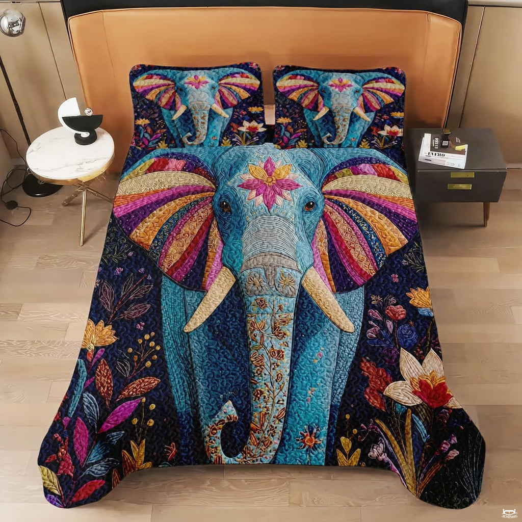 Bedroom view of elephant bedding set accompanied by complementary bohemian and eclectic interior decor accents.