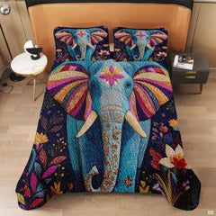 Bedroom view of elephant bedding set accompanied by complementary bohemian and eclectic interior decor accents.