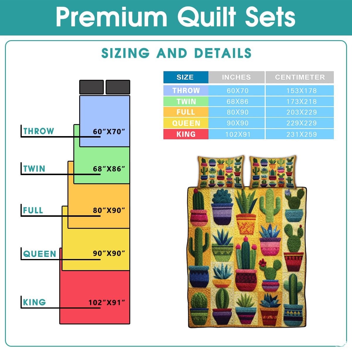 Personalized Vibrant Potted Cactus Garden Quilt Set, Machine Washable