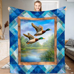 Mallard ducks in flight over marsh lake framed by rustic wood and teal diamond patchwork bedding visual.