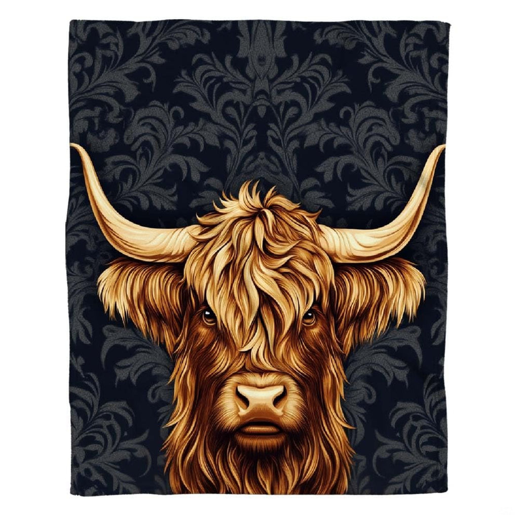 Scottish Highland cow portrait with sweeping horns against charcoal black damask pattern, view 2.