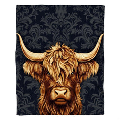 Scottish Highland cow portrait with sweeping horns against charcoal black damask pattern, view 2.
