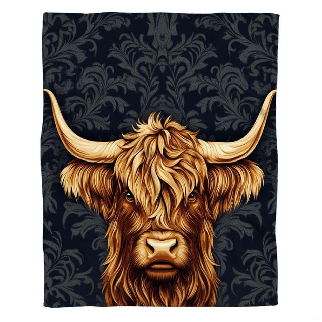 Scottish Highland cow portrait with sweeping horns against charcoal black damask pattern, view 2.