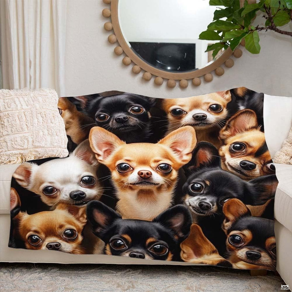 Detailed angle of lively Chihuahua faces on thematic accent-contrast dark bedding set artwork.