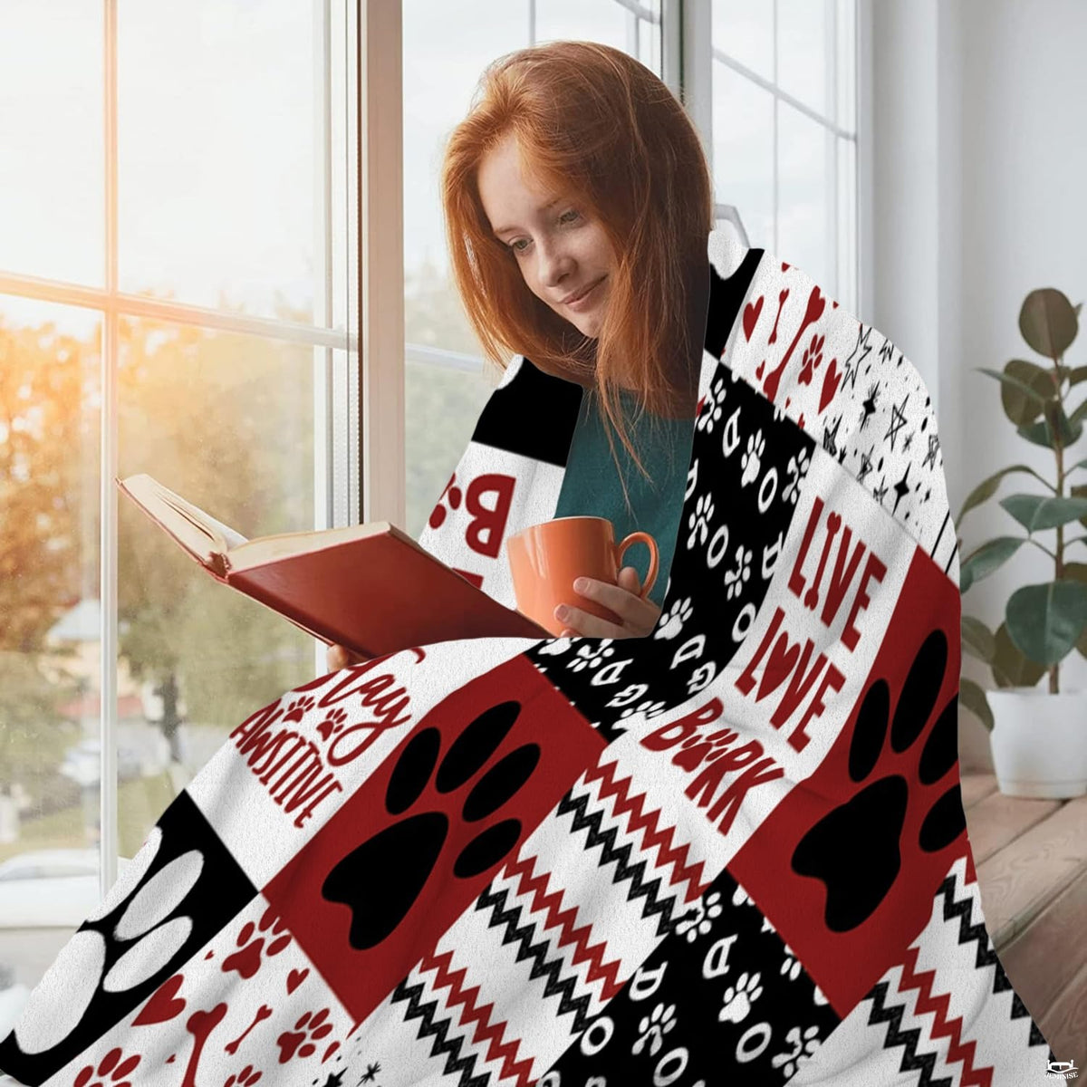 Bedroom decor styling with dog paw print bedding set displaying thematic accent-contrast red and black patterned grid...