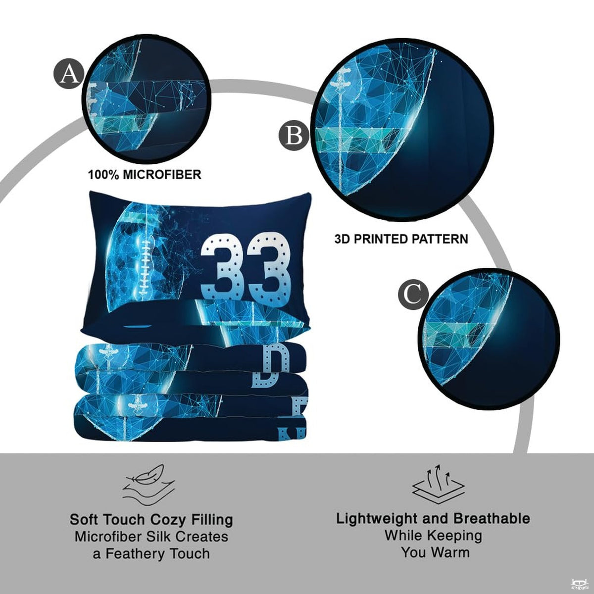 Overhead view of electric teal football sports bedding arranged neatly across an athletic youth bedroom mattress