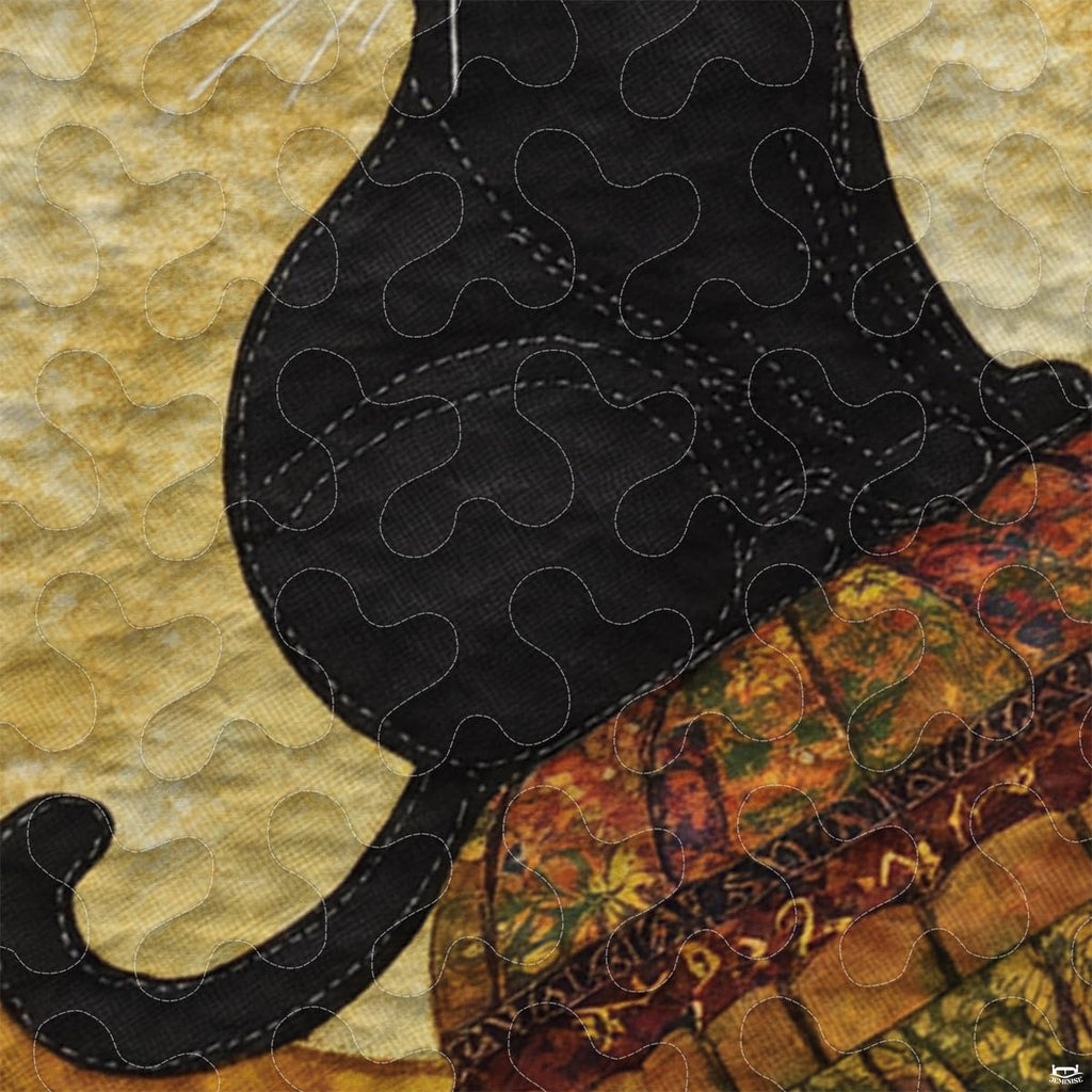 Overhead look at folk-art black cat bedding single double pattern showcasing vibrant maple leaves and amber vines.