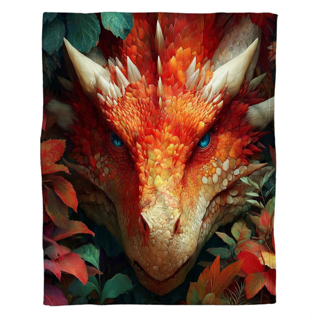 Close view of luminous sapphire blue eyes and detailed crimson scales on dragon face