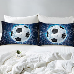 Matching pillowcase detail for athletic bedding set featuring coordinating soccer pitch artwork