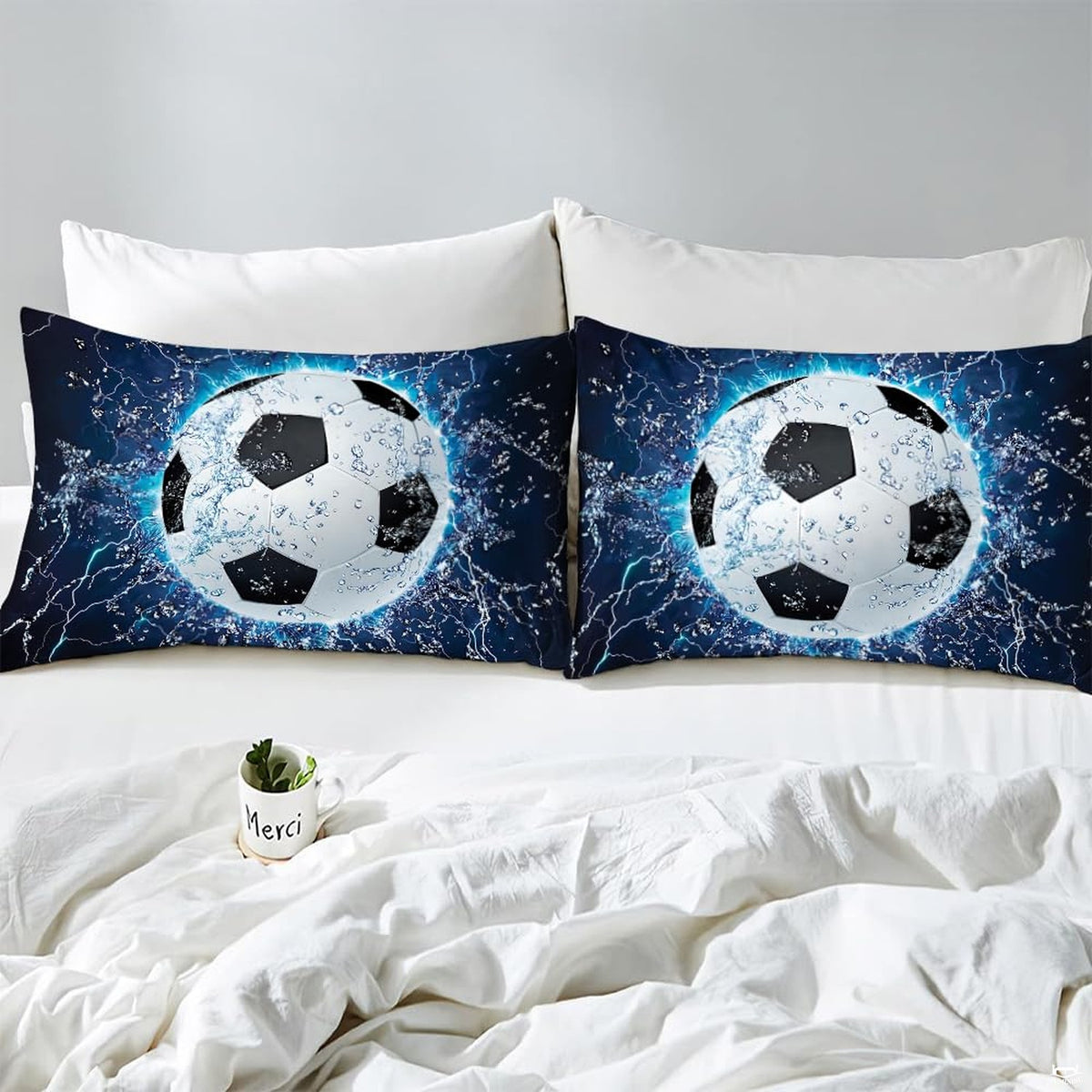 Matching pillowcase detail for athletic bedding set featuring coordinating soccer pitch artwork