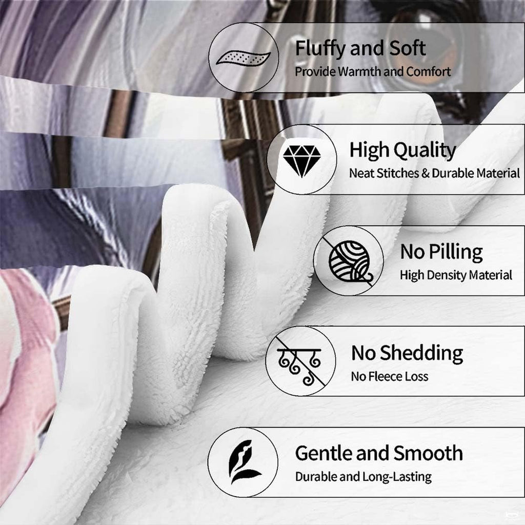 Purple floral white horse portrait throw blanket styled neatly across bedroom bed