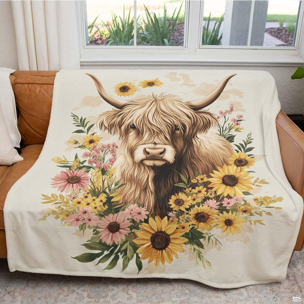 Detail of Highland cow bedding set highlighting yellow sunflowers and delicate watercolor wildflower accents