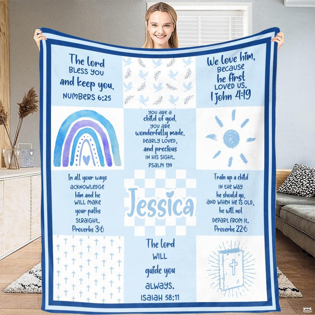 Blue scripture bible verses patchwork faith blanket showing rainbow and bible motif view 2