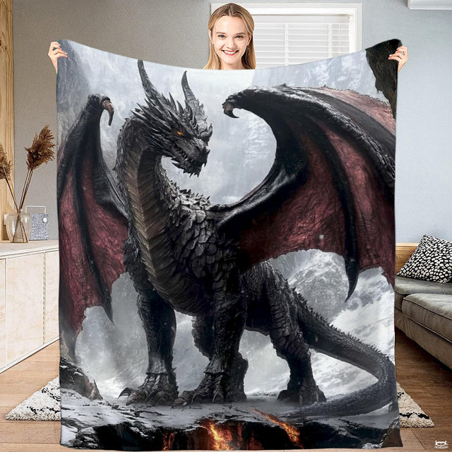 Mountain peak black dragon magma fissure blanket showing winged dragon on snowy ridge view 1