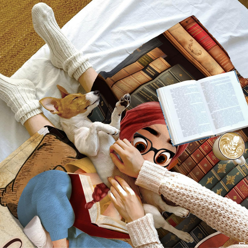 Stylized room display featuring reader girl throw blanket folded across bedroom furniture.