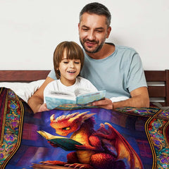 Fantasy library dragon bedding styling in an atmospheric reader bedroom interior.