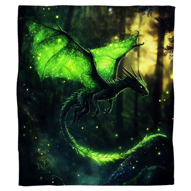 Bioluminescent dragon throw blanket displaying a glowing green winged serpent gliding through a misty forest.