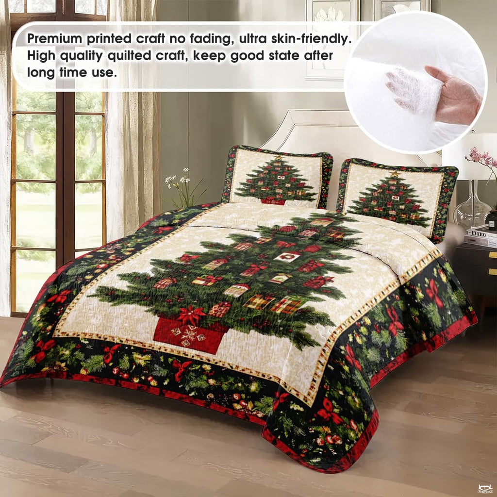 Close-up view of holiday bedding showcasing evergreen wreath, pine boughs, and red berries artwork