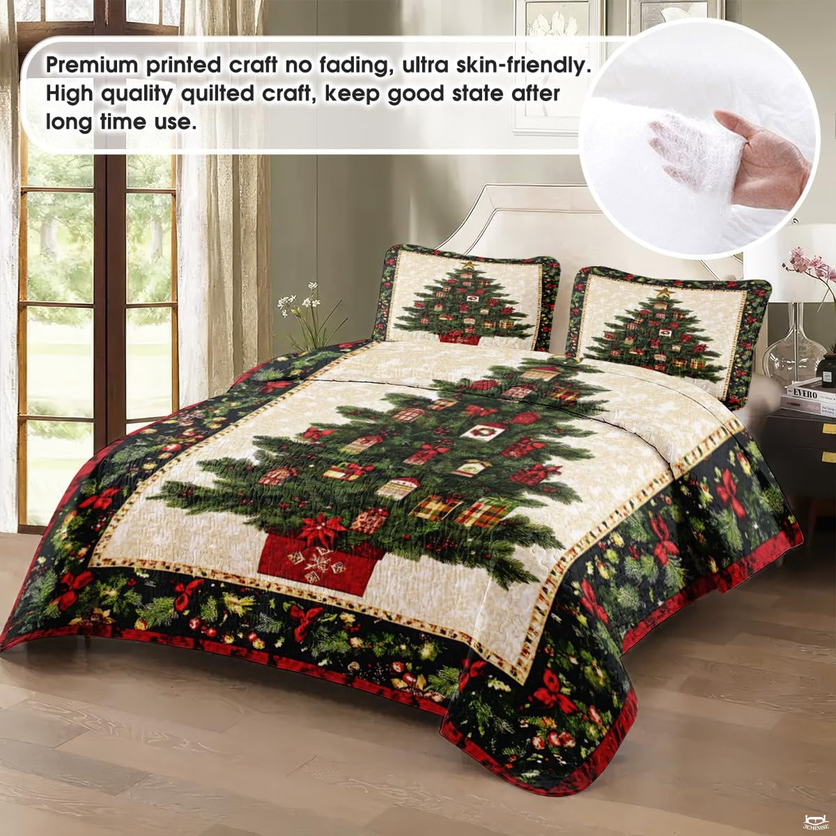 Close-up view of holiday bedding showcasing evergreen wreath, pine boughs, and red berries artwork