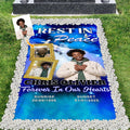 Blue celestial memorial blanket featuring a heavenly stairway, golden frames, and white doves.