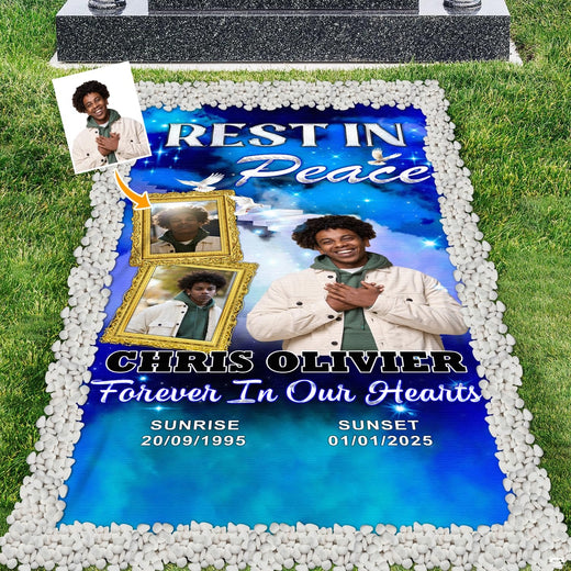 Blue celestial memorial blanket featuring a heavenly stairway, golden frames, and white doves.