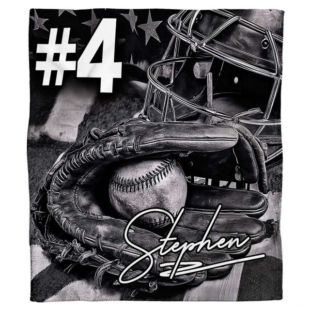 Baseball catcher throw blanket featuring black and white sketch of catcher mitt, baseball, and helmet mask
