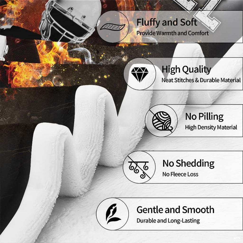 Full spread presentation of flaming football player throw blanket celebrating gridiron grit
