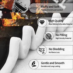 Full spread presentation of flaming football player throw blanket celebrating gridiron grit