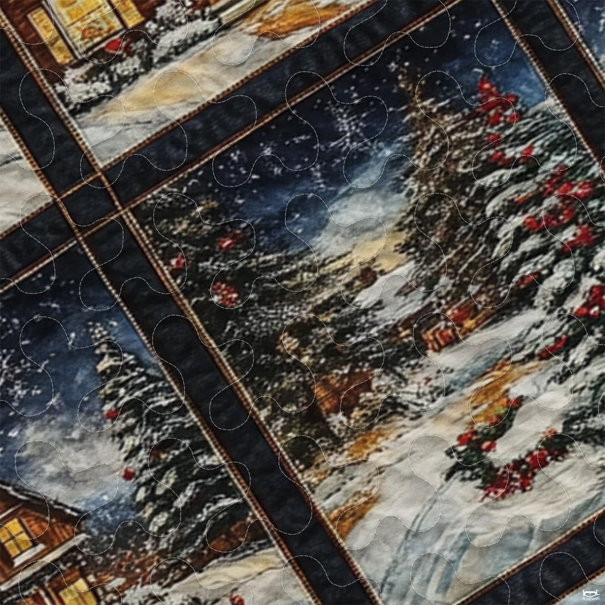 Close-up view of holiday bedding showcasing gingerbread snowman motifs, pine wreaths, and cinnamon accents