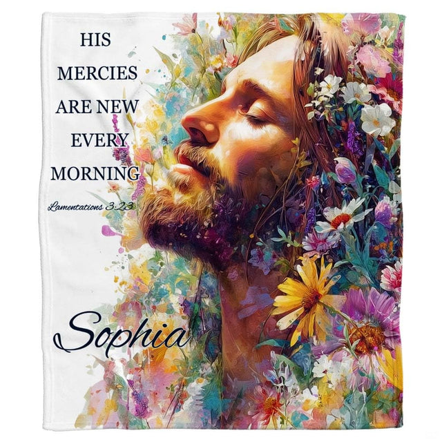 Full flat view of Jesus Christ throw blanket showing vibrant sunflowers and scripture art.