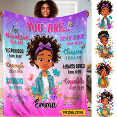 Close-up of animated girl face, purple bow, and colorful butterfly accents.