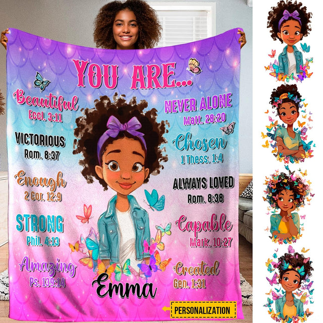 Close-up of animated girl face, purple bow, and colorful butterfly accents.