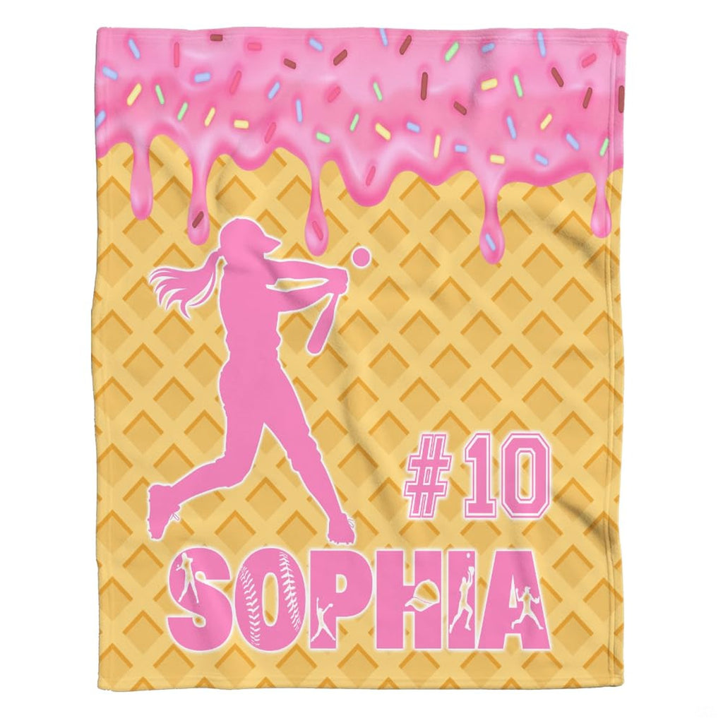 Dynamic female batter silhouette and varsity sports numbers highlighted on patterned waffle bedding sets styling.